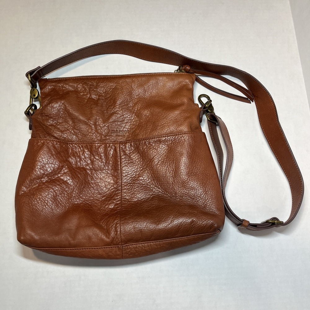 Margot NY Mickey Double Zip Brown Cognac Leather Crossbody Bag Adjustable Strap